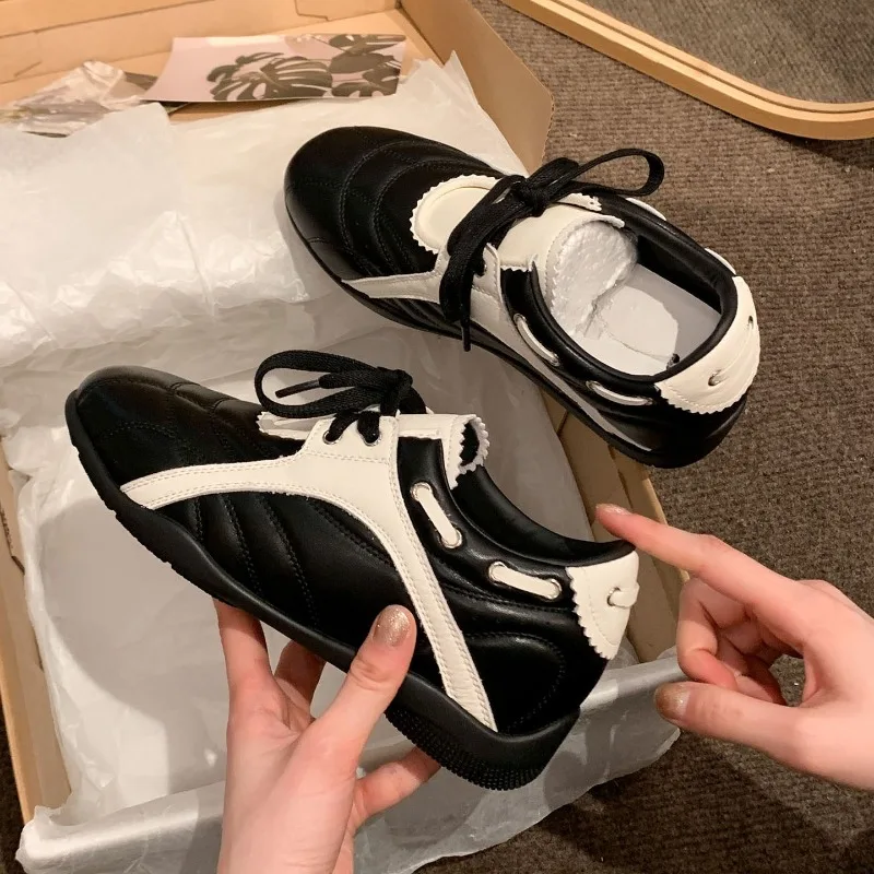 

Spliced Lace-Up Soft-Sole Single Shoes Summer New Round Toe Lace-Up Non-Slip Flat Sneakers