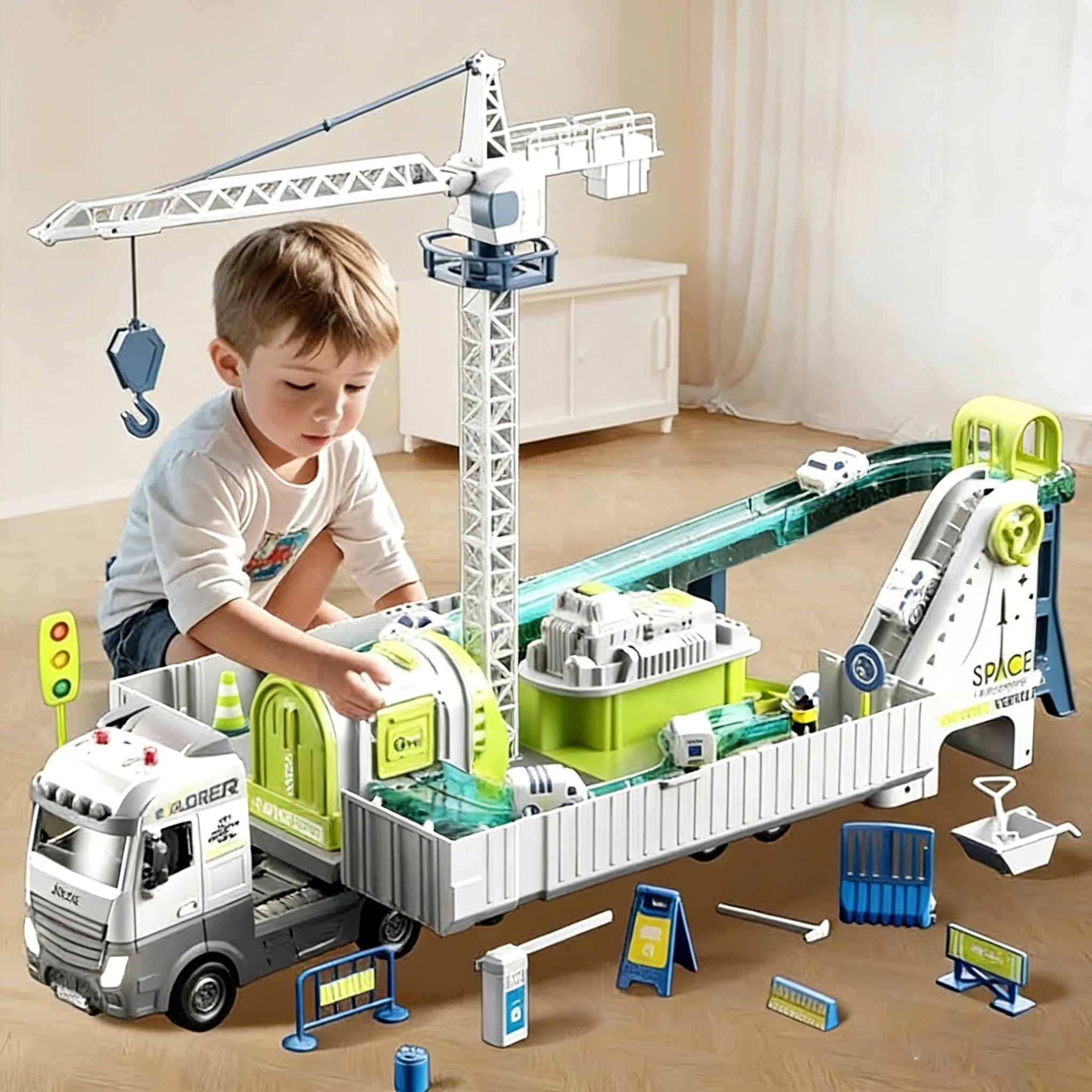 Ciężarówka ze stopu metalu z podnośnikiem, tor wyścigowy z funkcją wyrzutu, model pojazdu inżynieryjnego z napędem inercyjnym, zabawka, prezent na Boże Narodzenie