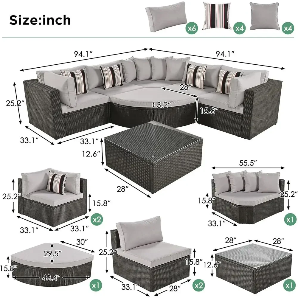 

Special Offer7-Piece Half-Moon Patio Set With Brown Wicker Sofa, Cushions, And Coffee Table