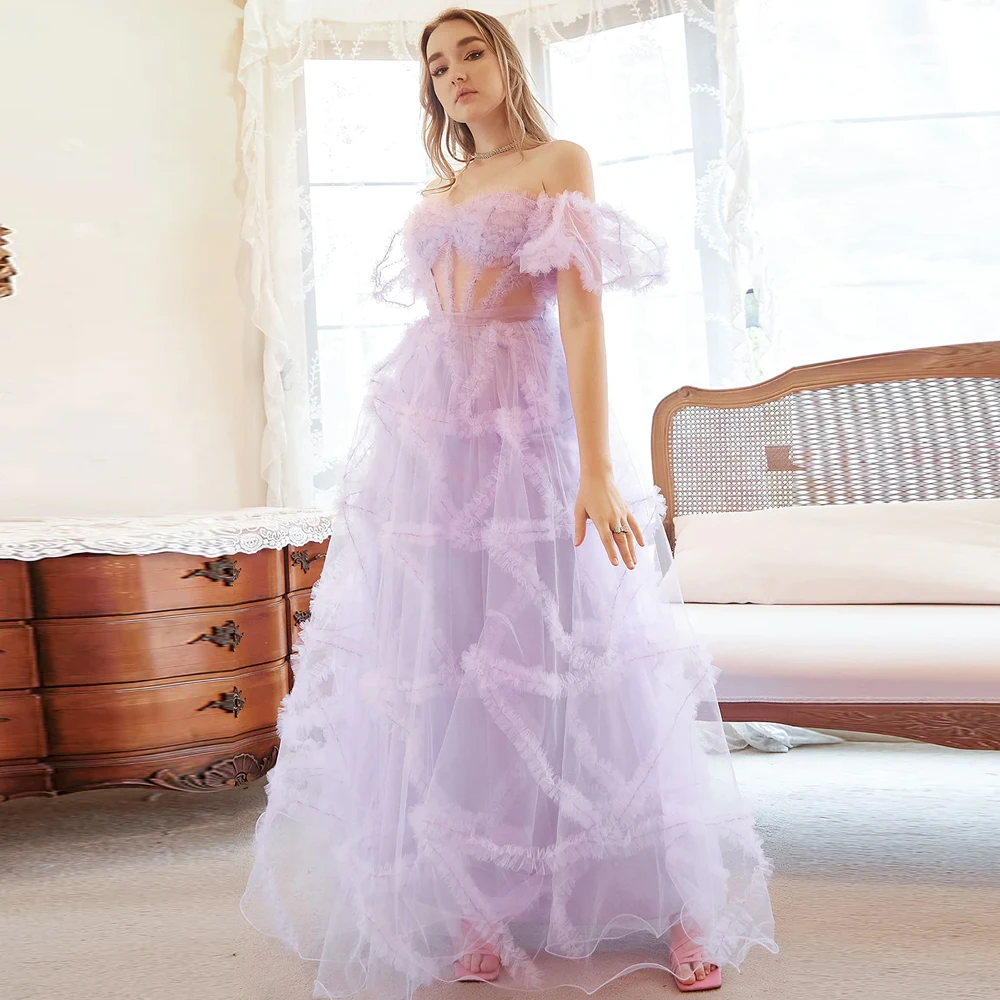 Sexy lavender Prom Dresses Sweetheart Nexk Short Puff Sleeves Party Gowns Tulle Evening Dress Floor Length A-Line فساتين السهرة