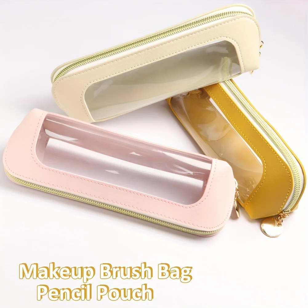 Bolsa de maquiagem portátil com janela transparente, material tpu, bolsa cosmética com zíper para batom/escova/caneta, viagem leve