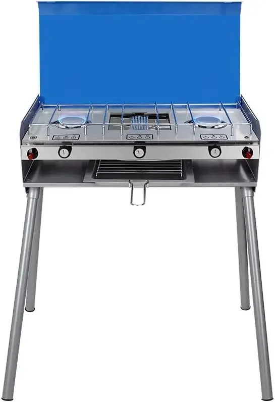 Propane Camping Stove 2 Burners & 1 Grill, Portable Outdoor Gas Stove, Auto-Ignition Camping Stove with Regulator, Total