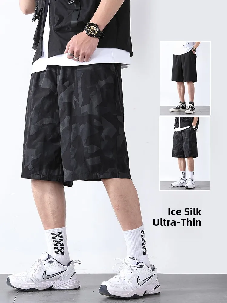 

Summer Ice Silk Loose Casual Thin Qui Dry Large Size orts Beach Pants Outdoor Trendy Men's Five-Quarter Length Pants