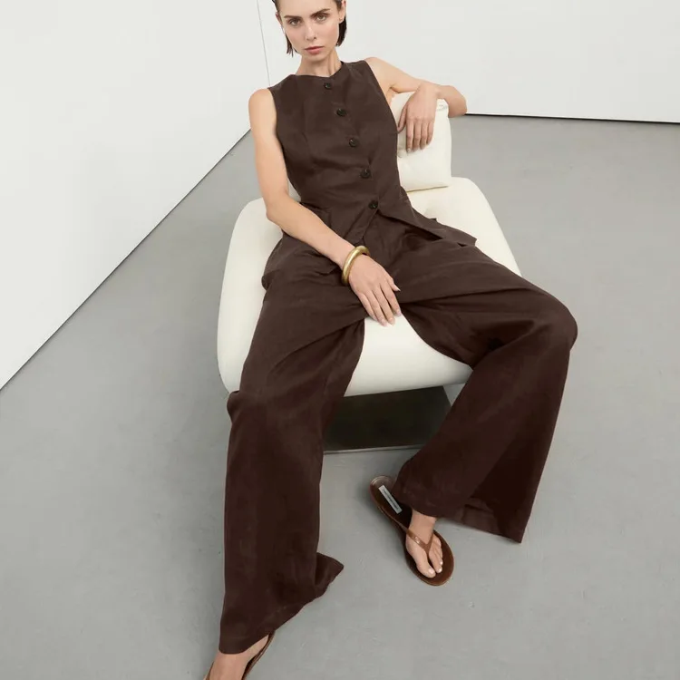 Casual Sle Damen Weste und Hose Set rund Ne Svel Lose weites Bein Lange Hosen Pendeln Zweiteiliges Sommeroutfit