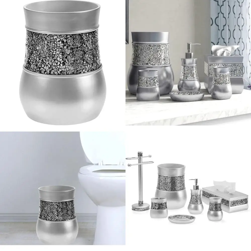 

Stylish Crackled Glass Silver Trash Can 2.06 Gallon / 7.8 Liters - Elegant Decorative Wastebasket for Bathroom, Powder Room, or
