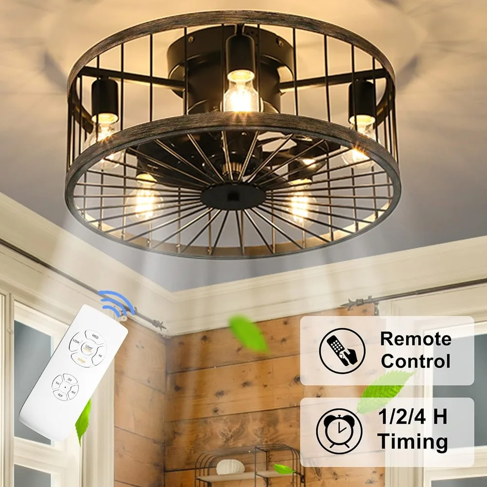 Caged Ceiling Fan with Light, 20 Inch Low Profile Farmhouse Ceiling Fan with Remote Control, Flush Mount Enclosed Ceiling Fans