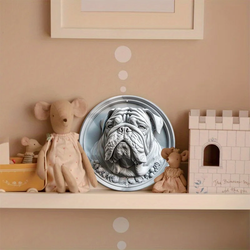 English Bulldog Metal Art, Round Aluminum Sign, Door Hanger, Wall Decor, Wreath Sign, Home Decoration, Pet Lover Gift, 8x8in 1PC