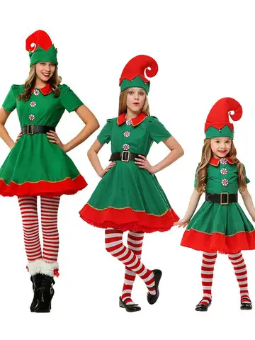 Christmas Family Matching Outfit Boy Girl Elf Xmas Costume Adult Green Red Party Tops Pants Hat Belt Outfit Cosplay Clothing Set
