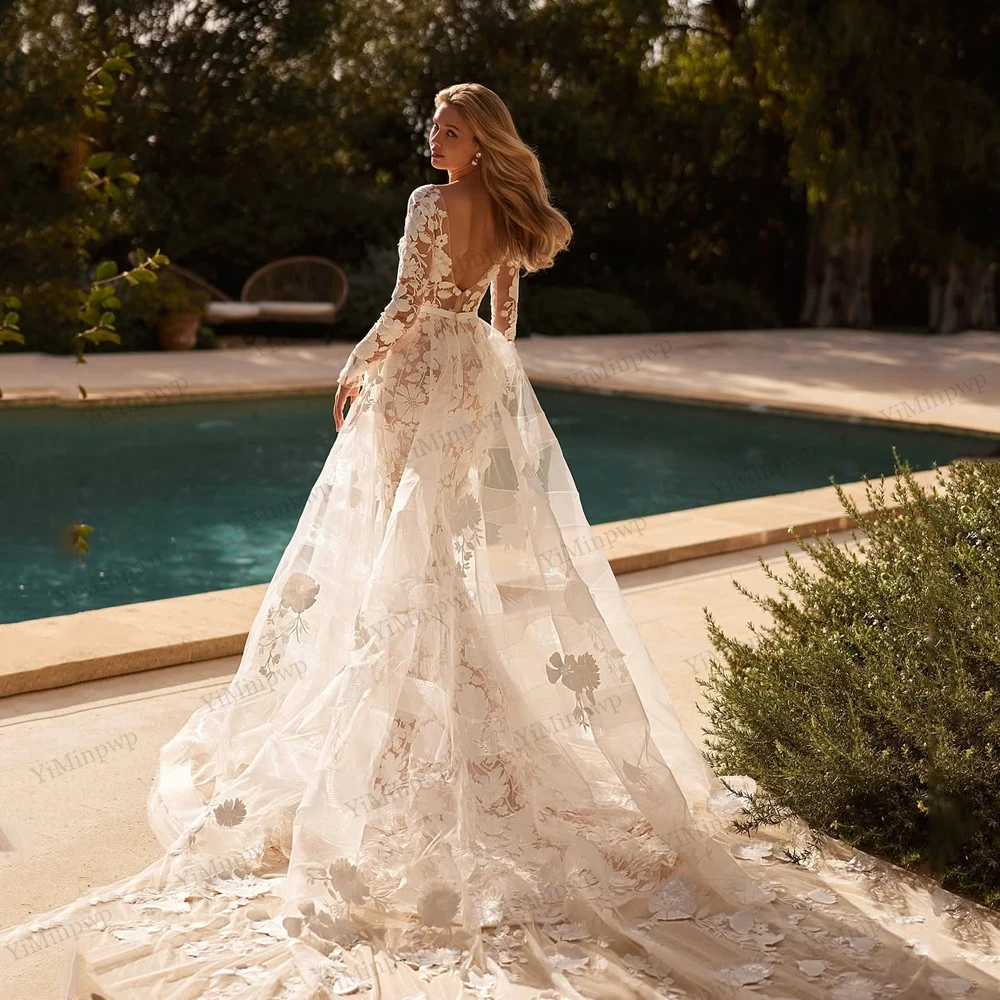 فساتين زفاف حورية البحر على شكل زهور مع ذيل تول قابل للانفصال مخصص بأكمام طويلة مزين بقطار سويب للعروس