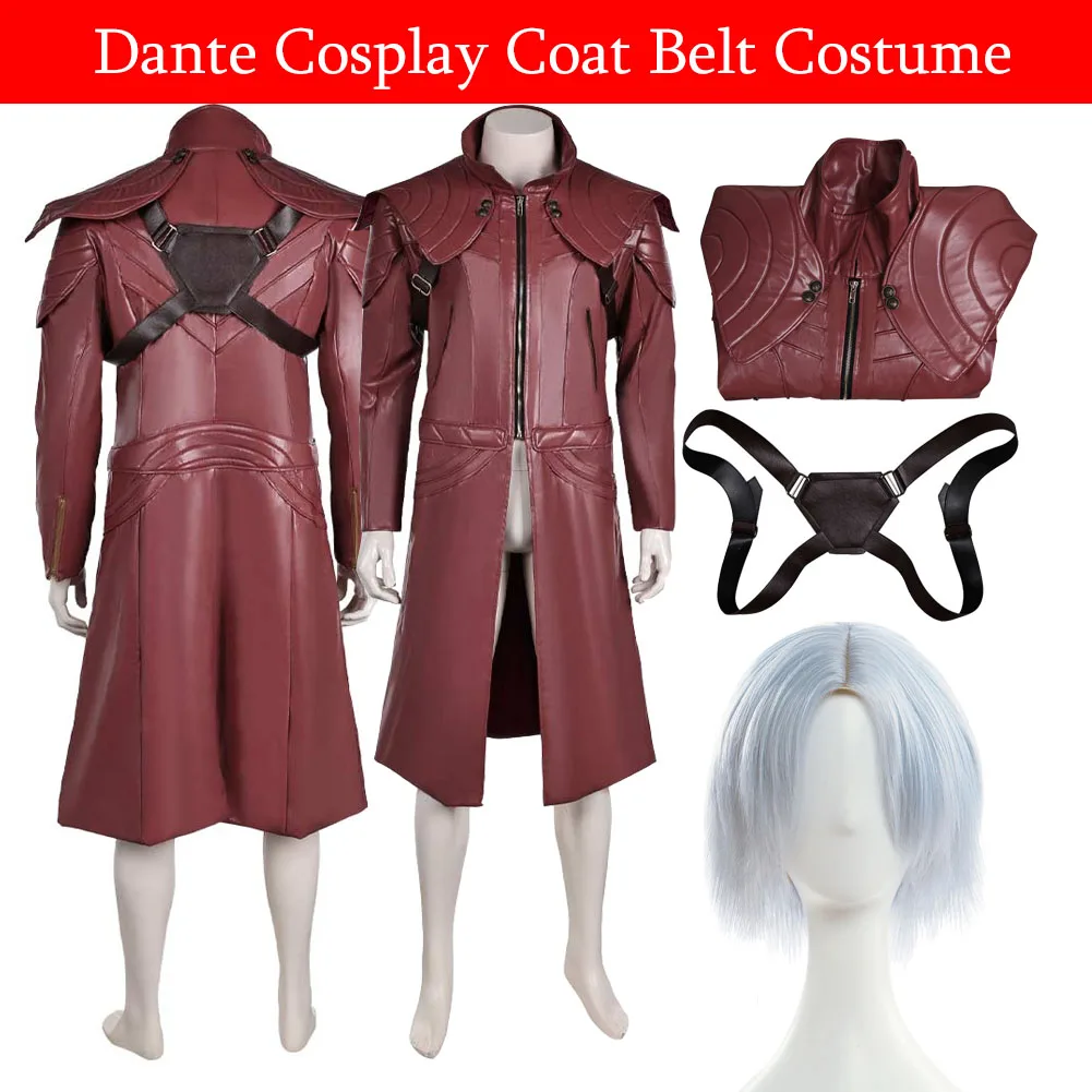 Dante Cosplay Men Fantasia Leather Brown Overcoat Game DMC Costume Adult Fantasy Trench Coats Outfits Halloween Carnival Suit