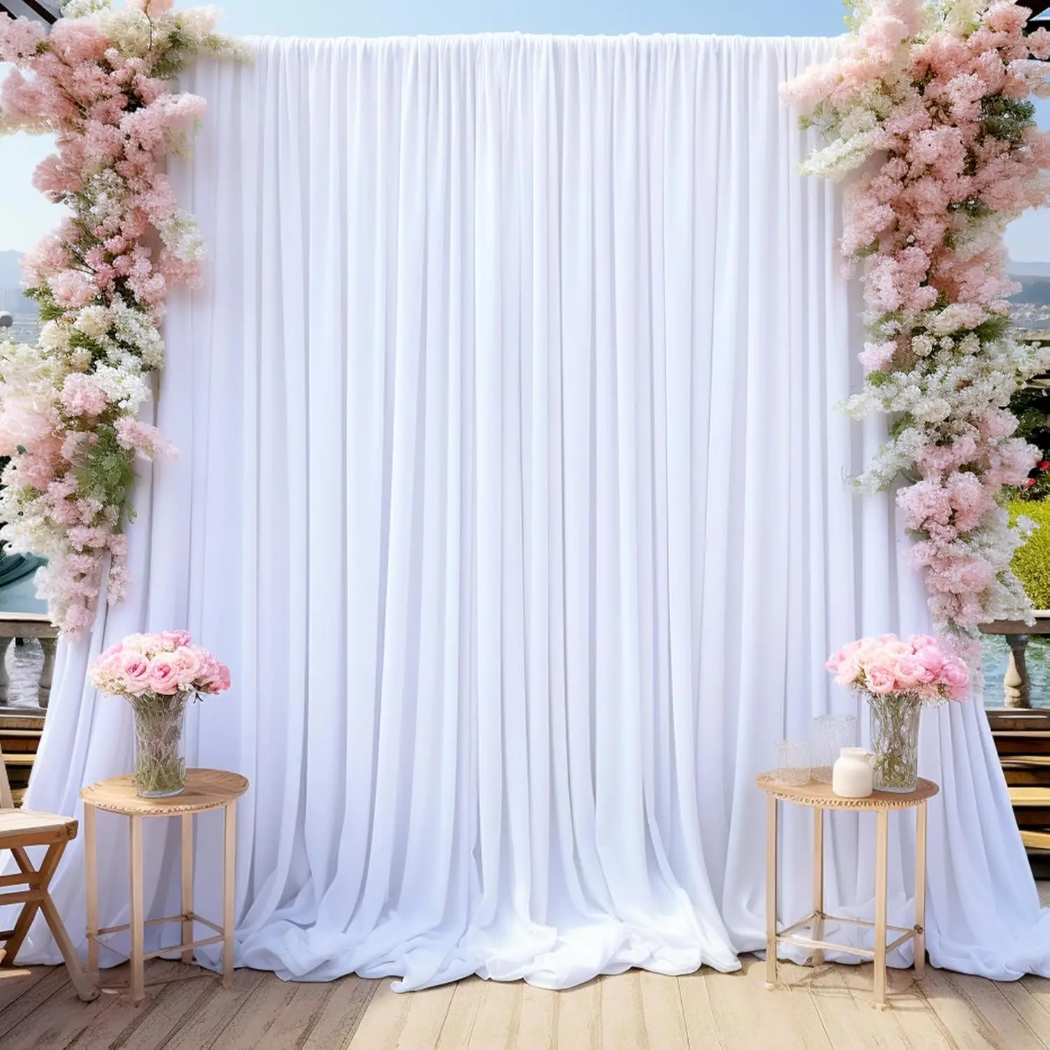 4 لوحات 5ft x 8ft ستارة خلفية بيضاء لديكور الزفاف وحفلات العطلات - خلفية زفاف بيضاء من البوليستر للتصوير الفوتوغرافي