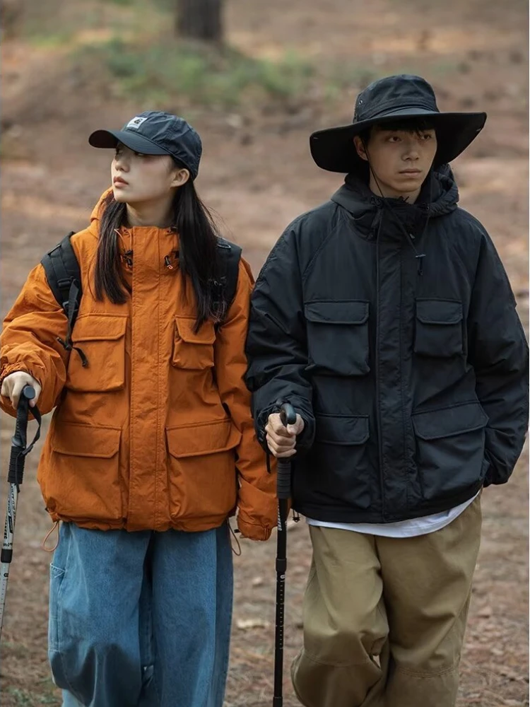 Yama Estilo Lightweight Parkas, Jaquetas com capuz soltas japonesas, Casacos acolchoados multi-bolso impermeáveis ao ar livre, Casacos unisex