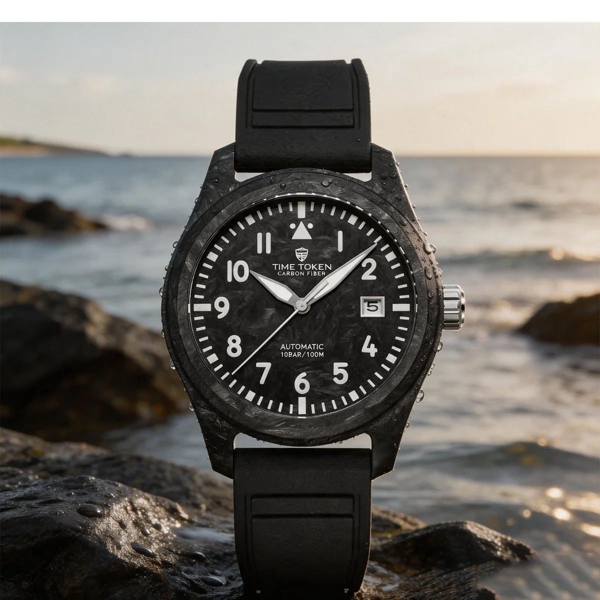 Men's Carbon Fiber Case Automatic Mechanical Watch Time Token 10Bar Waterproof Luminous Hands Sport Field Wrist Watch T537