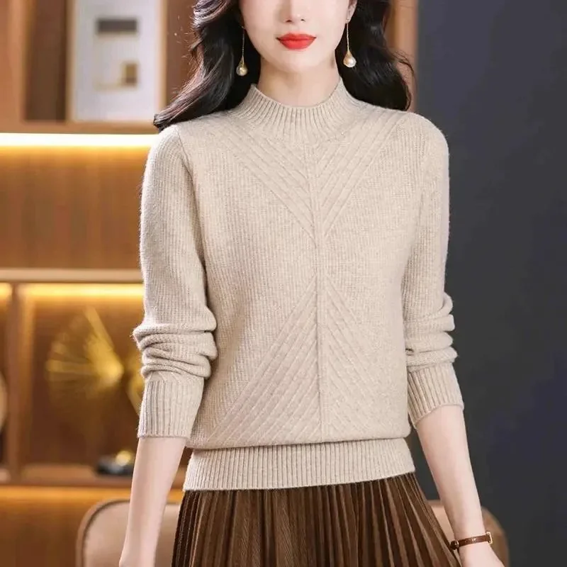 

Простой женский свитер с высоким воротником, зимний модный пуловер, эластичный вязаный женский джемпер, повседневные однотонные черные женские базовые топы