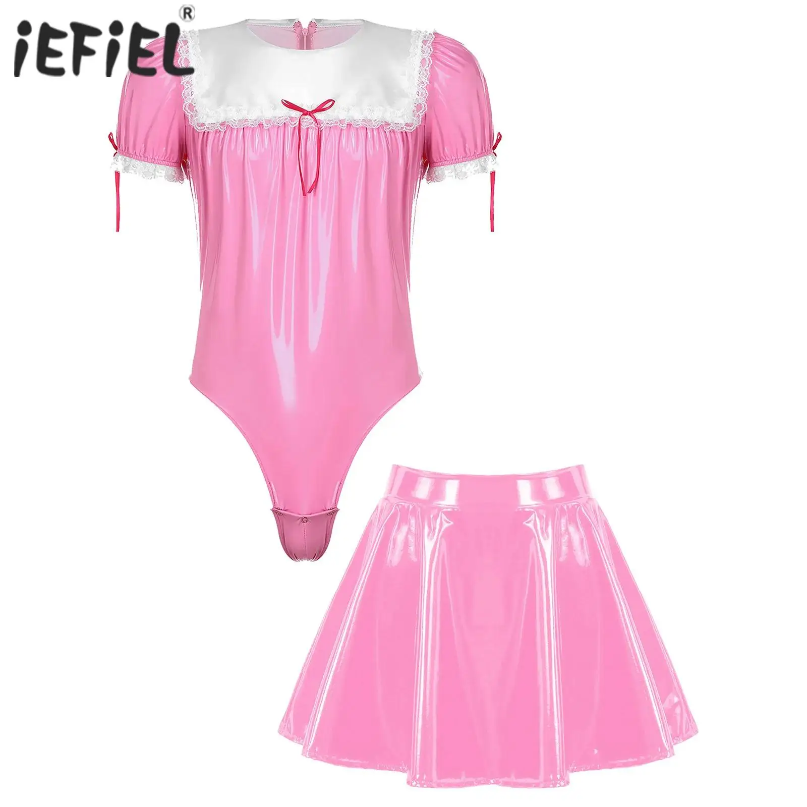 

Mens Sissy Crossdresser Sexy French Maid Cosplay Costume Patent Leather Lace Trim Zipper Bodysuit with A-Line Flared Mini Skirt