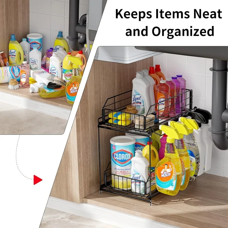 Under Sink Organizer, 2 Tier Bathroom Cabinet Organizer Metal Kitchen Sink Organzier with Hanging Rail and Stor