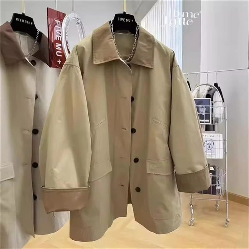 Women's Windbreaker 2024 Spring Autumn Mid Length Version Ladies Outerwear Flip Collar Advanced Unique Female Trench Coat