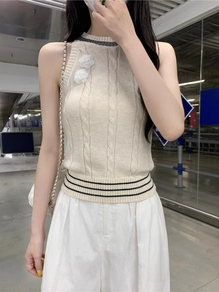 

Korobov Korean Casual vintage Summer Slim Solid Medium strecth O Neck sleeveless Knitted Tanks