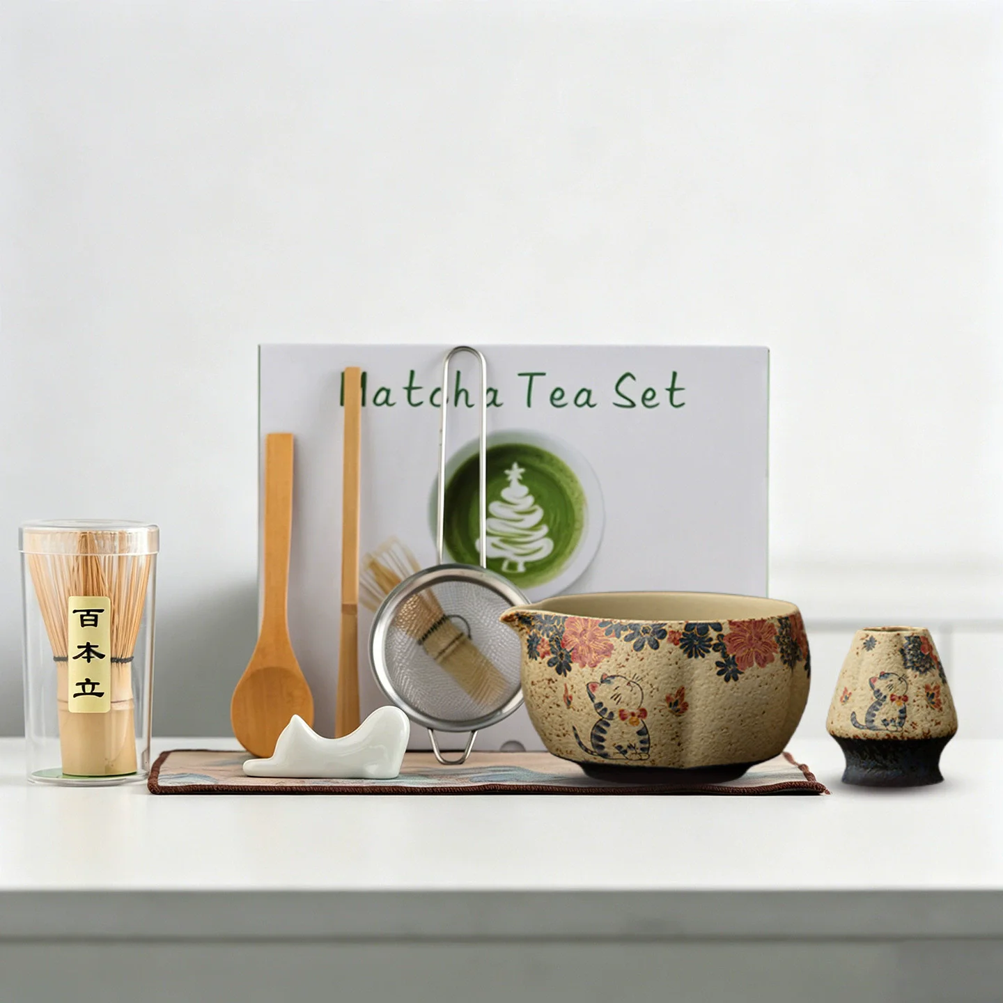 8PCS Flint red Matcha Making Set Bamboo Matcha Brush Exquisite Matcha Bowl Box with Whisk Sumptuous Tea Tools Gifts