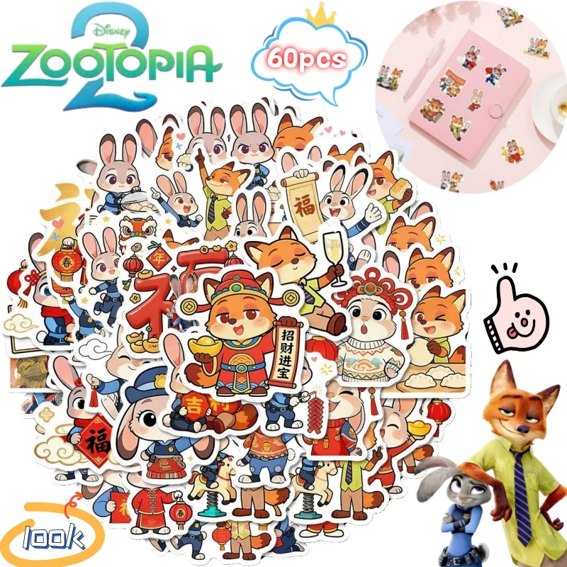 

Disney Zootopia Judy Hopps Nick Wilde Sticker Creative High-Quality Anime Cartoon Print Student Journal Desktop Decoration 60pcs