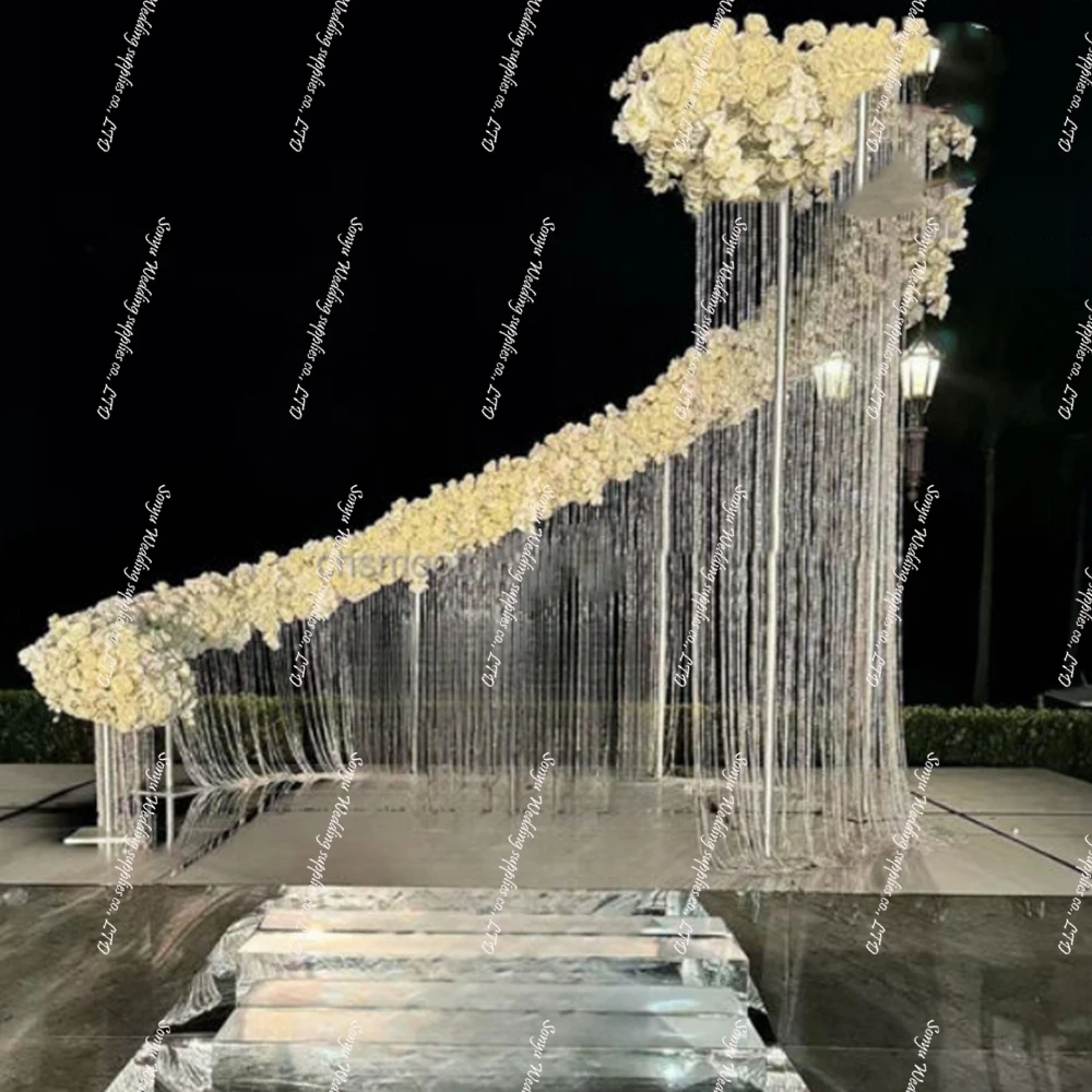 curved wedding party stage  arch  with acrylic bead chandelier backdrop stand  for background wedding