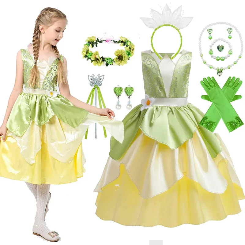 

Tiana Cosplay Princess Girls Clothes Role Playing Party Dress Up Costume Children Sleeveless Frock Carnival Halloween Ball Gown