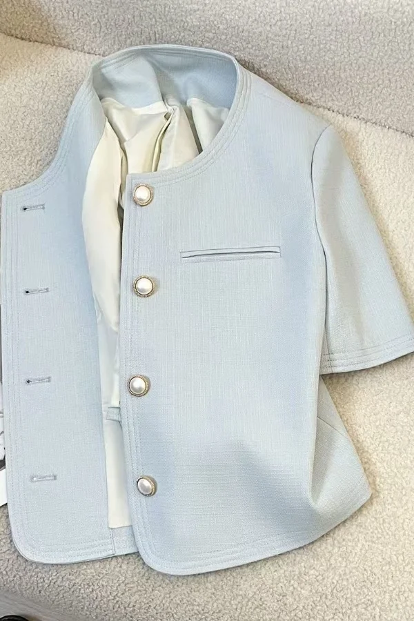 

Insozkdg синий костюм с короткими рукавами, пальто, женская летняя новая модная роскошная короткая верхняя одежда, тонкая свободная повседневная куртка с круглым вырезом, женский топ