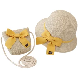 Chapeau de paille d'été avec sac pour filles, chapeau de soleil à nœud papillon décontracté, visière de Protection pour enfants, chapeaux de plage en plein air 2 pièces