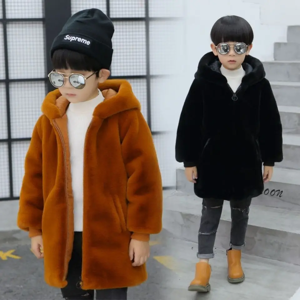 Boys Fur Coat Thick Cotton Children Girls Imitation Mink Plush Coat Windproof Sleeves Hooded Zipper Autumn and Winter Coat #2