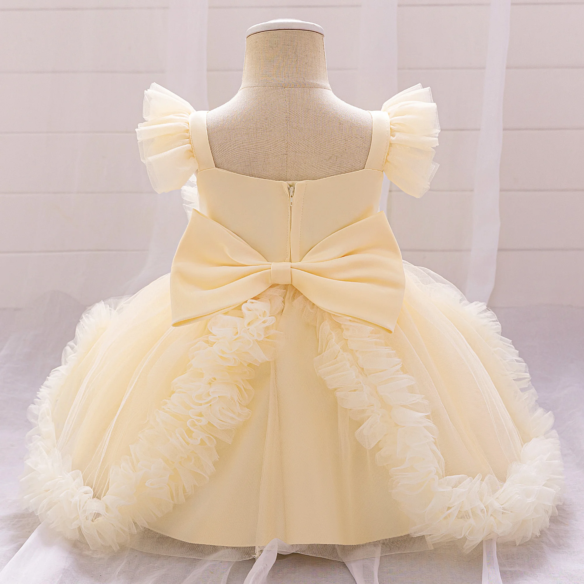 3D Flower Pink Baby Girls Dress Bow 1st Birthday Baptism Wedding Princess Kids Party Dresses for Girl Christening Bridemaid Gown