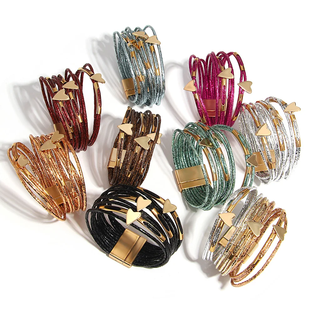ALLYES Trendy Love Heart Wrap Leather Bracelets for Women Multilayer Glitter Filled Slim Strips Bangle & Bracelet Party Jewelry