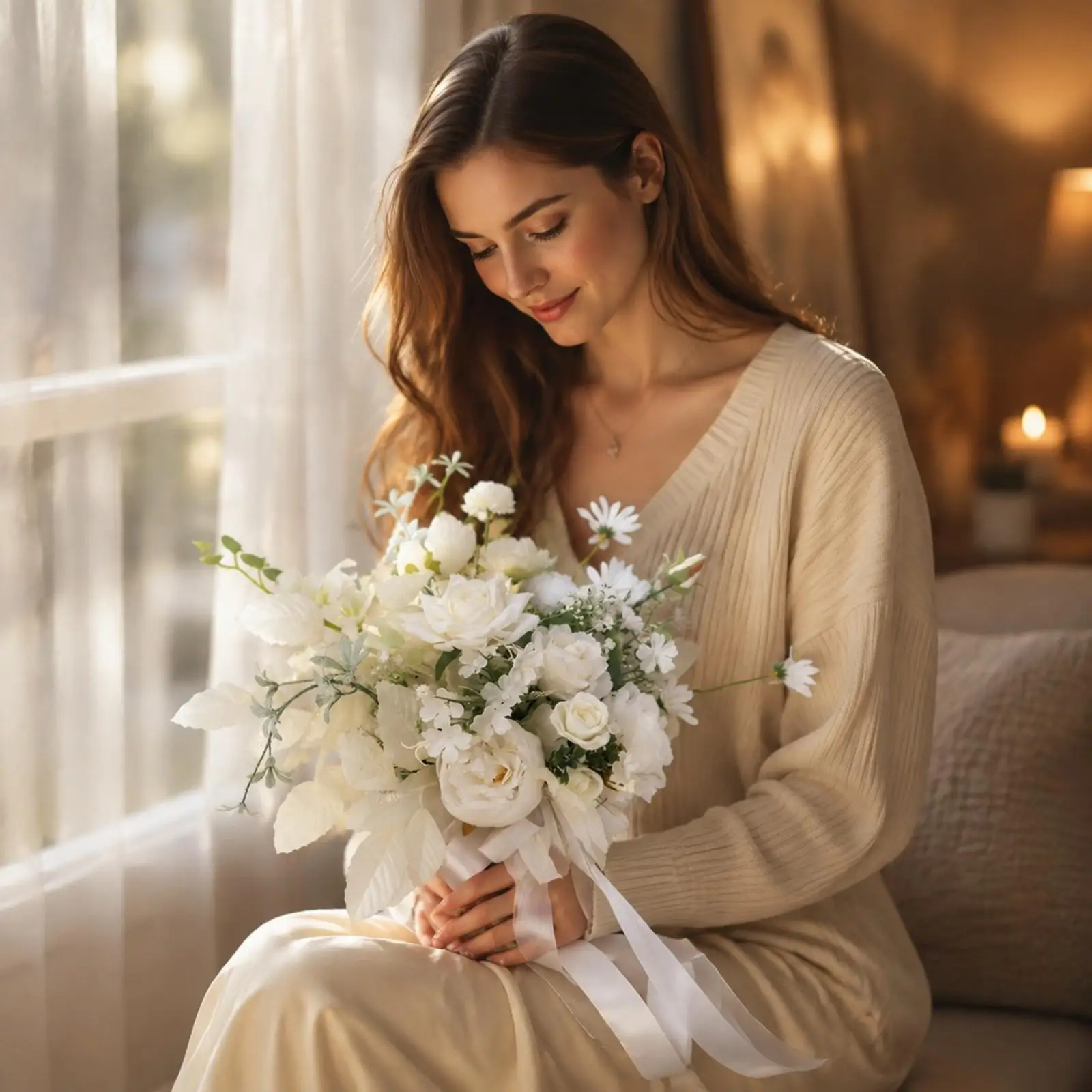 Faux Silk Wedding Bouquet White Peony Rose Bridal Hand Bouquet for Photography Home Display
