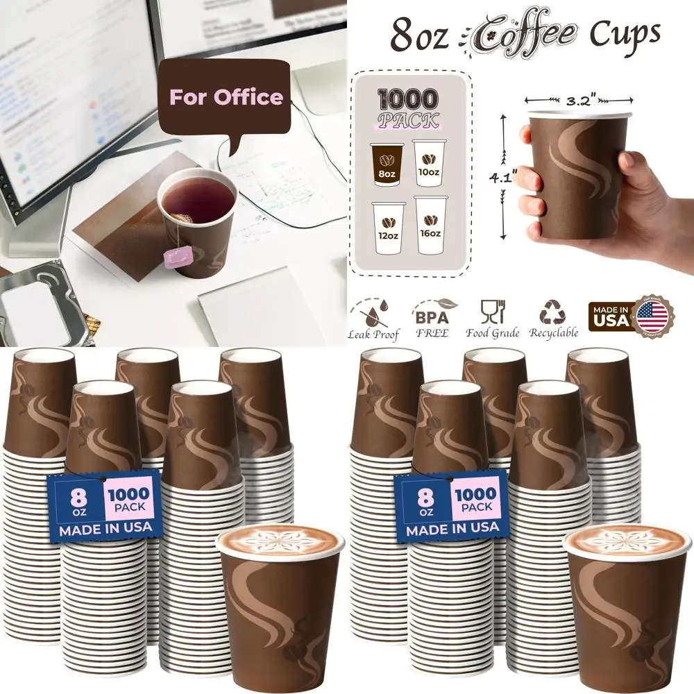 

1000 Count 8 oz Disposable Paper Coffee Cups, Leak-Proof Brown Cups for Hot/Cold Drinks, Ideal for Home, Office, and Parties