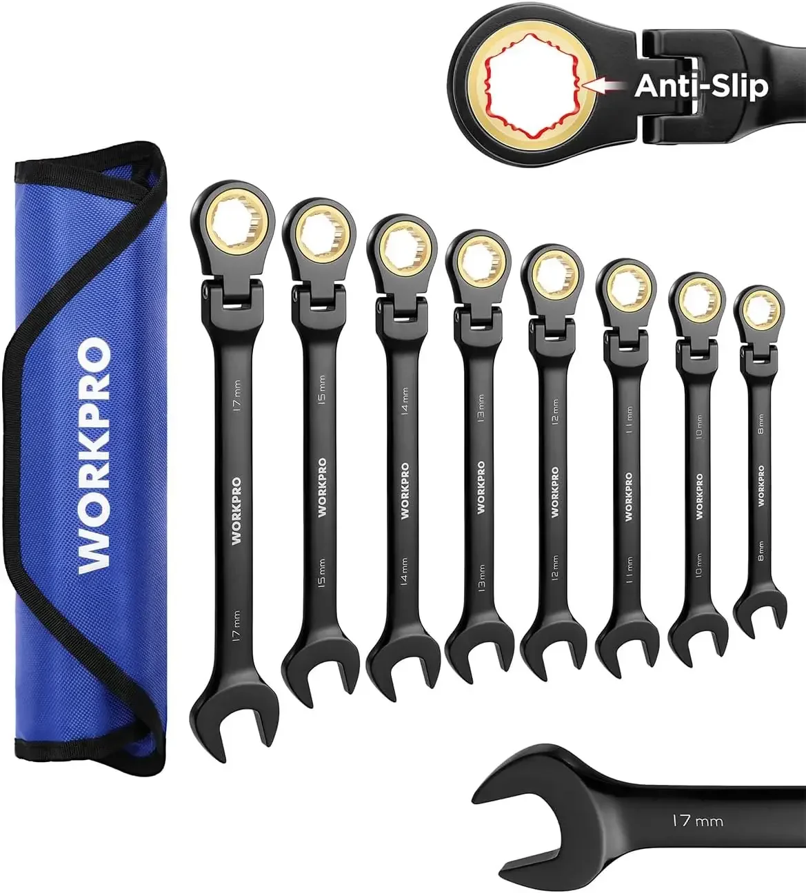 

Ratcheting Combination Wrench Set, 8-piece Flex-Head Anti-Slip Set Metric 8-17 mm, 72-Teeth, Cr-V Constructed, Black Electro