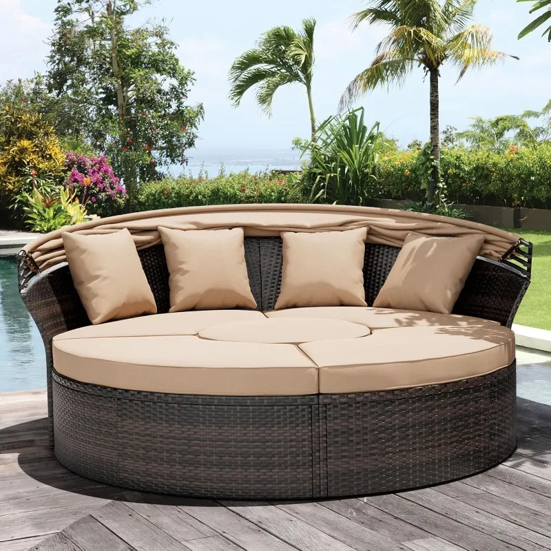 

Outdoor Patio Canopy Bed Round Daybed With Washable Cushions, Clamshell Sectional Seating Wicker Furniture With Retrac