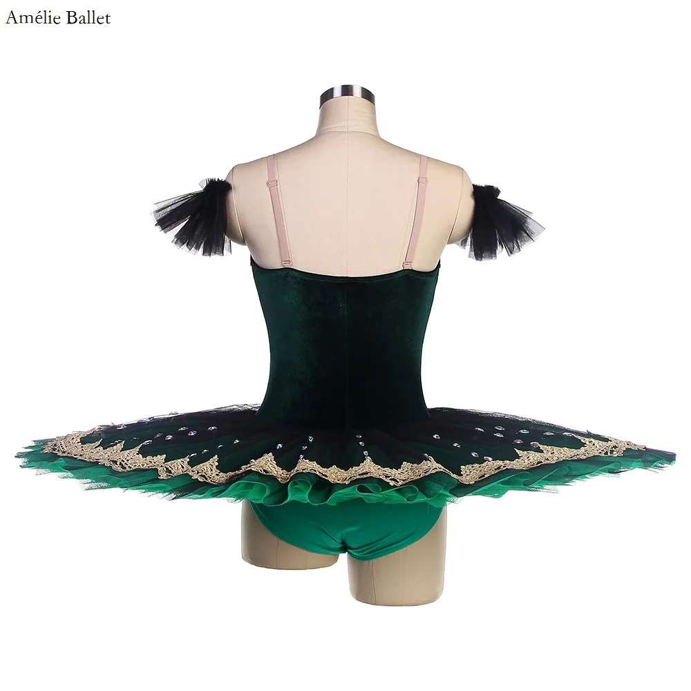 BLL558 Green Velvet Top Bodice with Gold Applique Trim Pancake Tutu Adult Girls Pre-professional Ballet Tutu Performance Costume