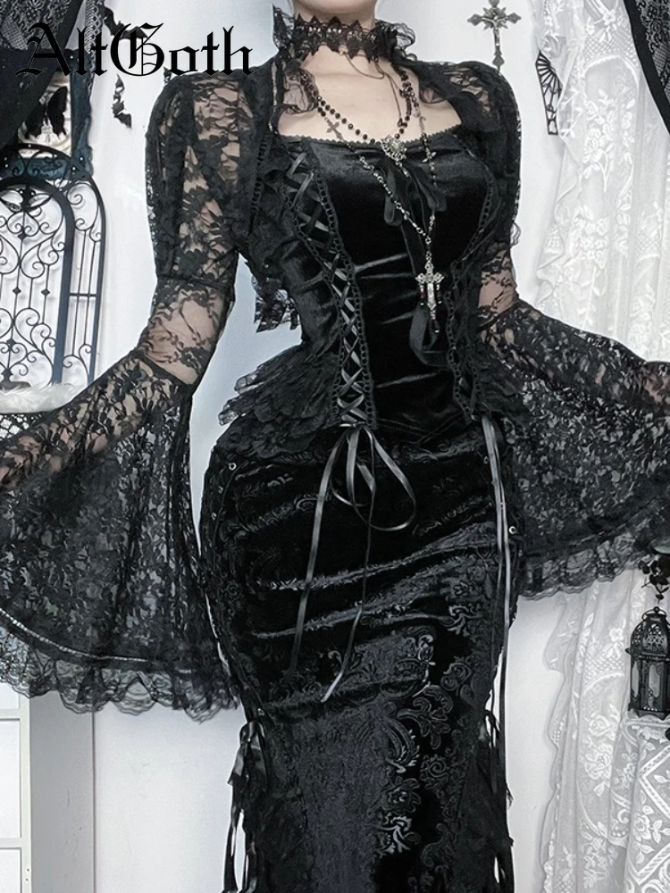 AltGoth Vintage gothique foncé Smock femmes Style palais esthétique fée voir à travers dentelle Patchwork manches évasées Blouse courte femme