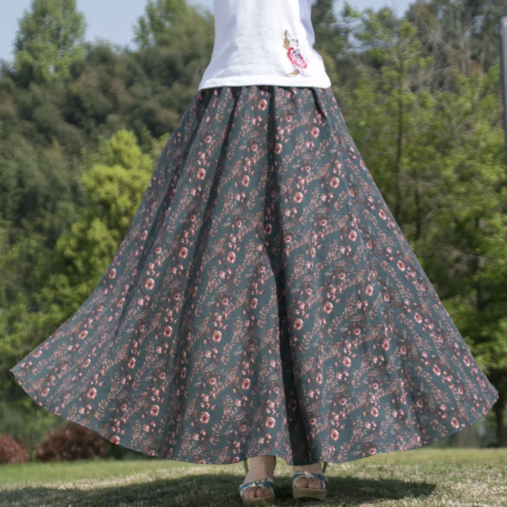 

TIYIHAILEY Long Maxi A-line Elastic High Waist Women Cotton And Linen Print Skirts Big Hem New Fashion