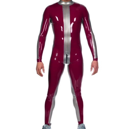 

100%Latex Rubber Gummmi Red and silver stitched Jumpsuit role play party hand customized 0.4mm XS-XXL