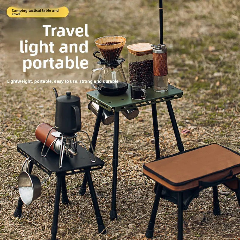

Telescopic Folding Stool Table, Dual Use Portable Tactical Chair for Camping Fishing Travel Outdoor Picnic