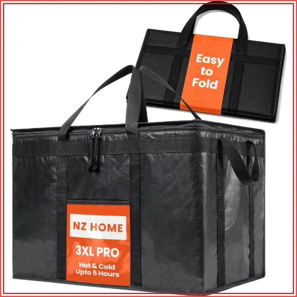 

Large Insulated Food Delivery Bag (3XL, Black) - Thermal Bag for Hot & Cold Food, Water-Resistant, Portable Cooler, Soft Sided Catering Tote, Grocery Bag with Zippered Top