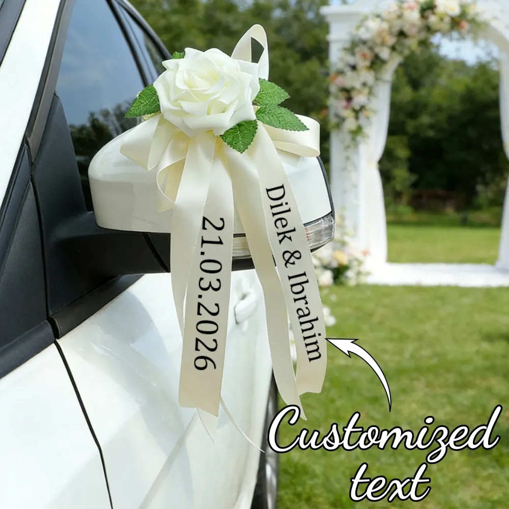Custom European Style Wedding Car Bow Rearview Mirror Wedding Decoration Door Handle Strap Simulated Rose Custom Bow And Ribbon