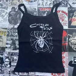 Harajuku Streetwear Camisole Women's Shirt Aesthetic Gothic Spider Web Y2K Style Round Neck T-shirt Short Sleeved Vest T-shirt