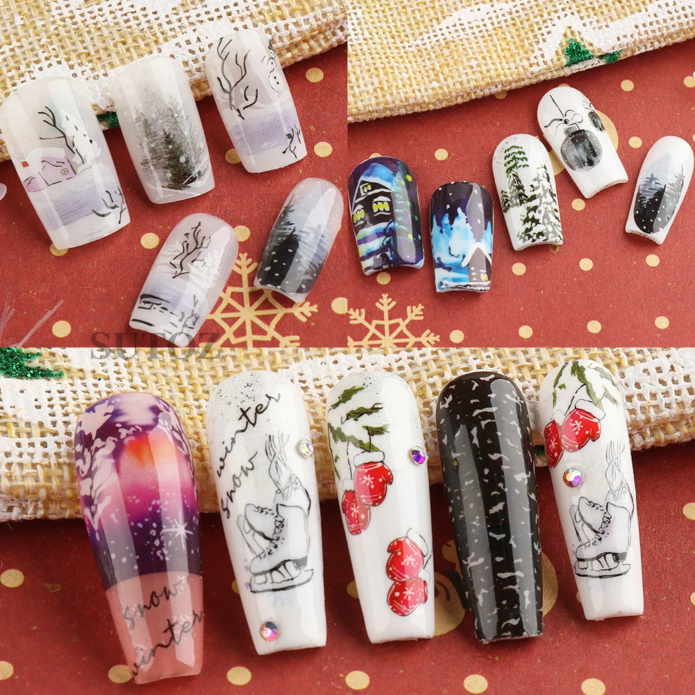 Christmas Water Nail Decals Winter Forest Nail Stickers Snowy Tree New Year Decoration Transfer Sliders for Manicure NTJF109-120