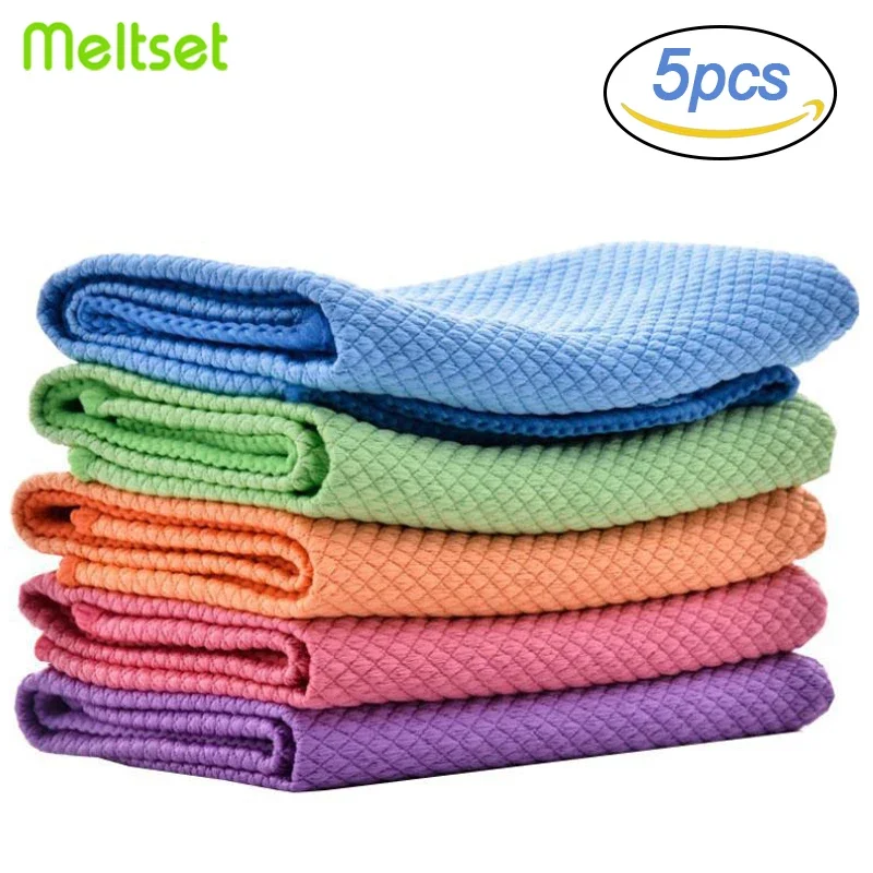 New 5Pcs Kitchen Cleaning Towel Anti-Grease Wiping Rags Absorbable Fish Scale Wipe Cloth Glass Window Dish Cleaning Cloth