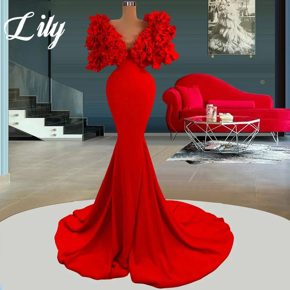 

Lily Red Mermaid Chic Woman Evening Dress Gown Stain Ball Gown Ruched V Neck Night Dresses Gown Custom Size robes de soirée