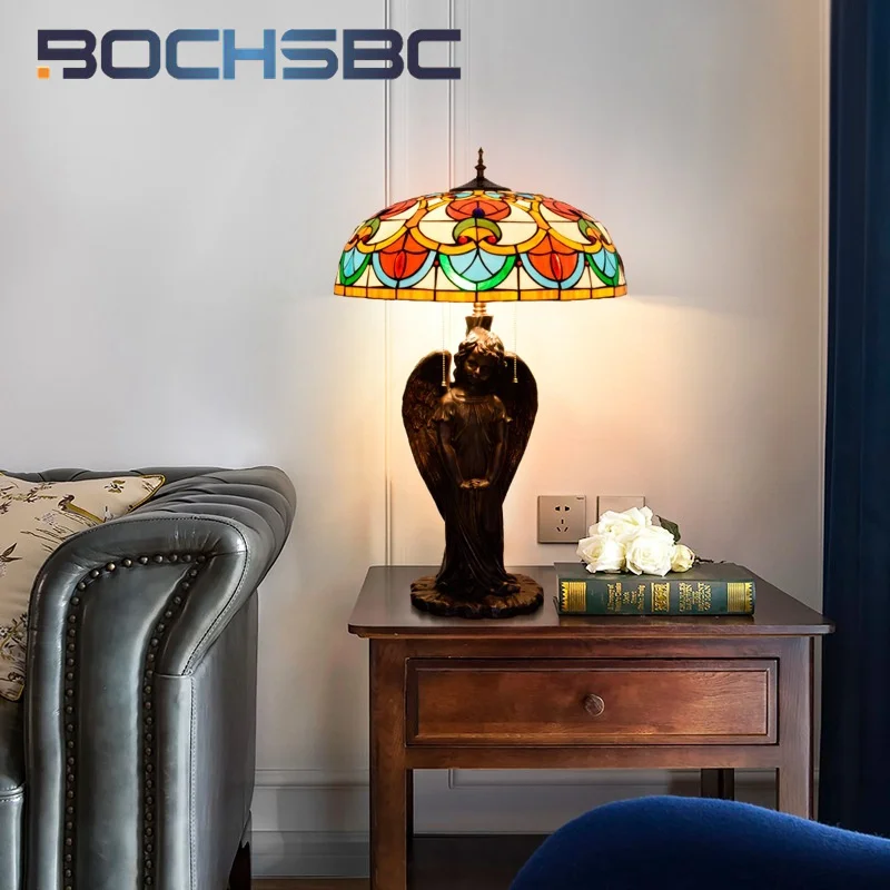 BOCHSBC Tiffany stained glass desk lamp retro style art deco living room dining room bedroom angel ornaments gift task lamp