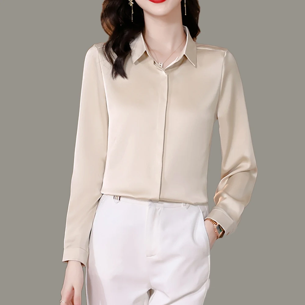 Fashion Women Blouses 2024 Office Lady Solid Basic Tops High Quality Vintage Long Sleeve Satin Shirts Female Elegant Clothing