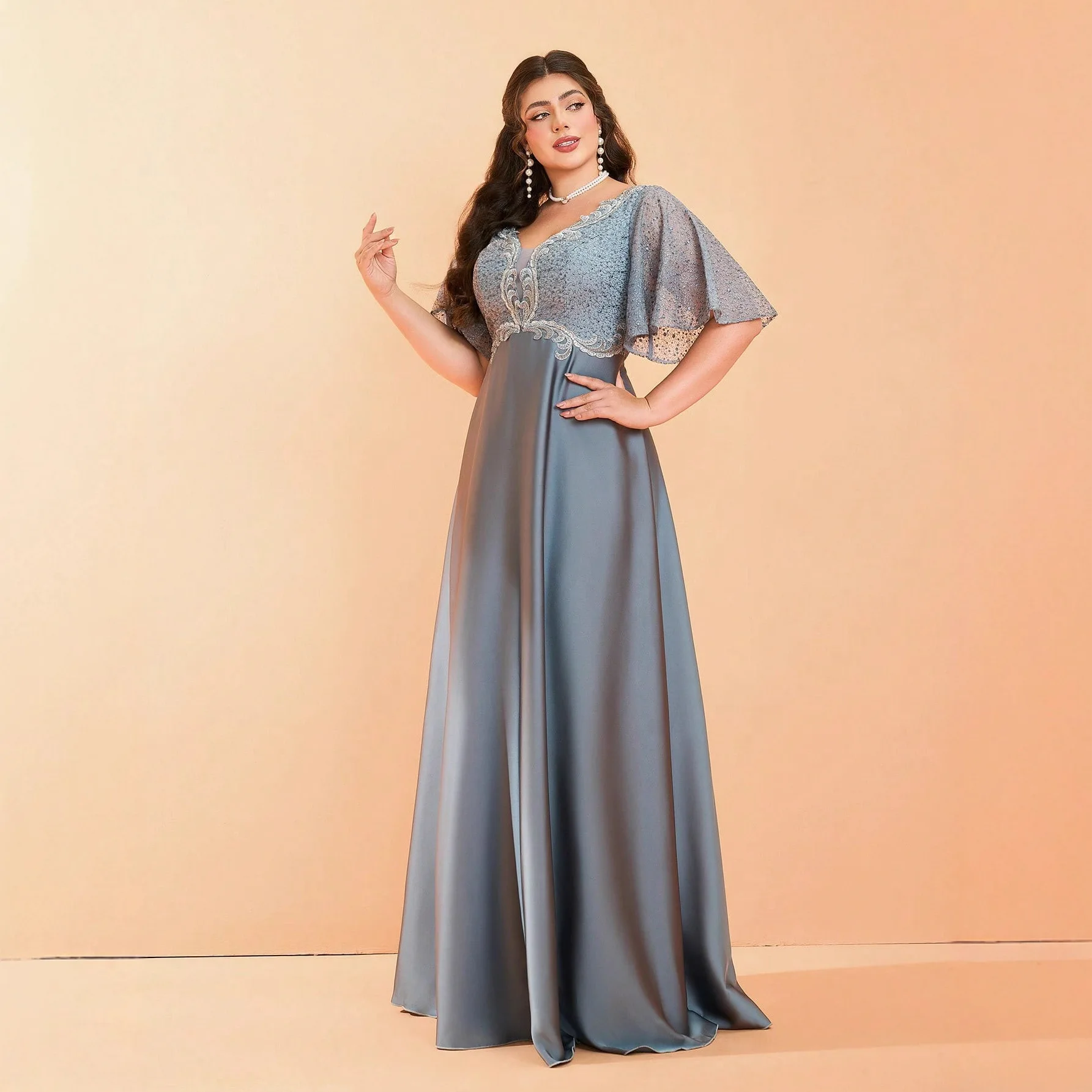 Ele Large Size Women's Dr Lace Satin Evening Gown Host Dr round Ne Chinese Production Summer mid Waist