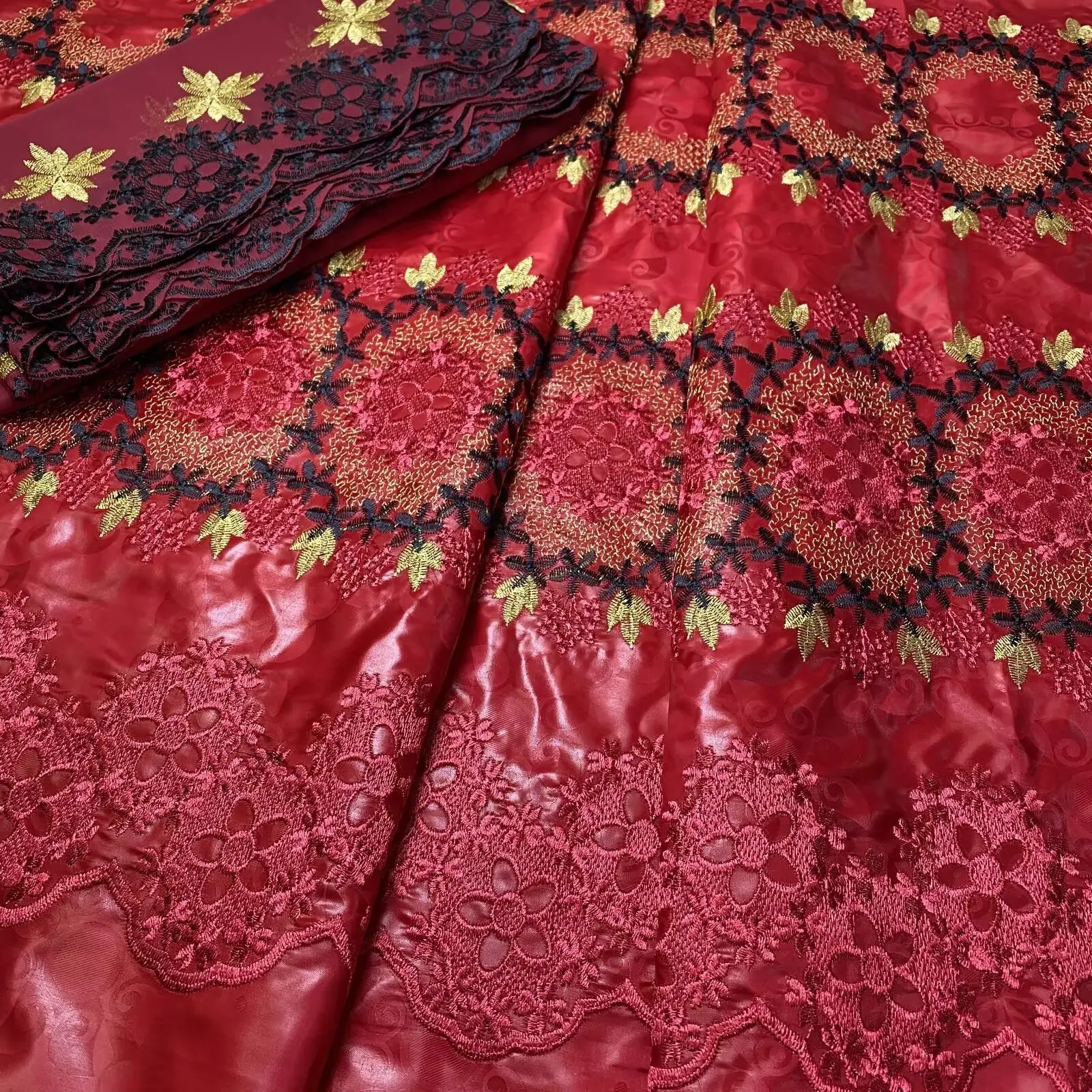 5+2 Yards New Arrival Red African Bazin Riche Brode Fabric Nigerian 100%Cotton embroidery Lace With Scarf Dress Material 16A69